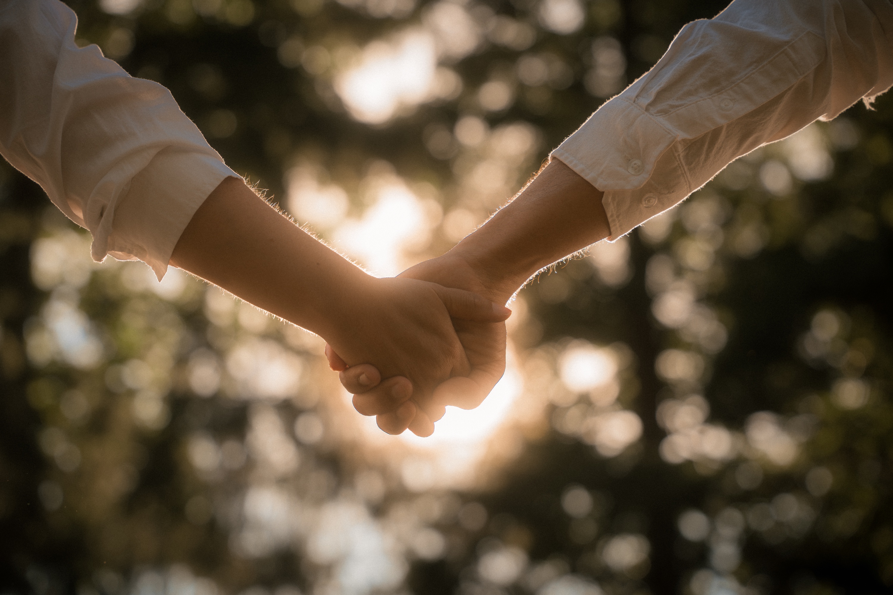 A couple holding hands in warm backlight